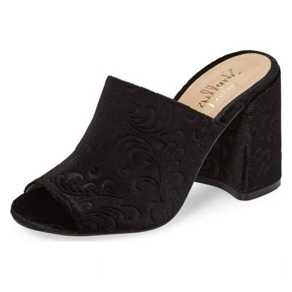 Shellys London Dalia Black Velvet Casual Open Toe Black Mid Heel Mule Pumps