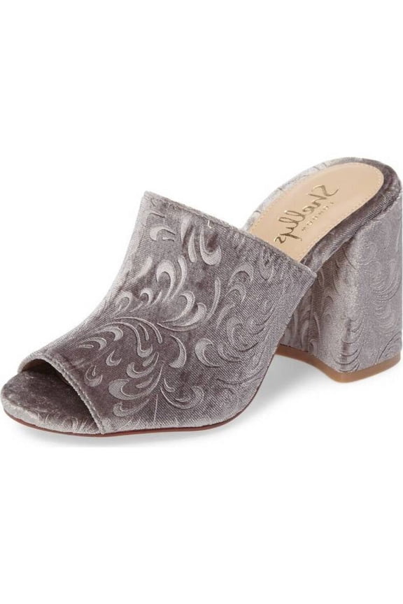 Dalia Grey Embossed Design Velvet Chunky Heel Open Toe Mules (Grey, 7)