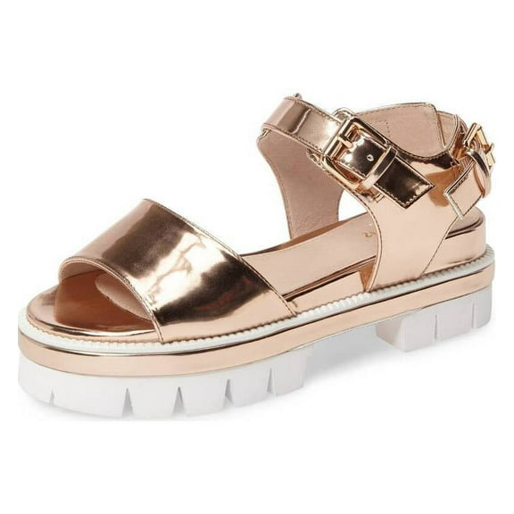 Shellys London Dita Rose Gold lugged Platform Modern Two-Strap Metallic Sandals (Rose Gold, 9)