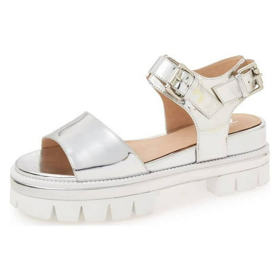 Shellys London Dita Silver Lugged Platform Two Strap Metallic Retro Sandals (Silver, 41)
