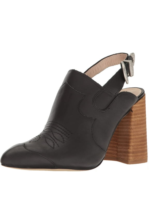 Donna Black Leather Pointed Toe Slingback Block Heel Mule Booties (Black, 6)