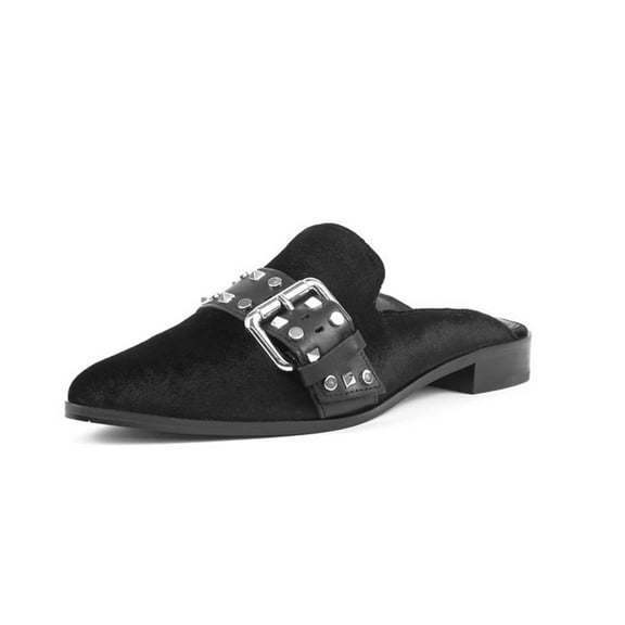 Shellys London Elon Black Velvet Flats Mules Slides Pointed Toe Buckle Slip On (Black Velvet, 7)