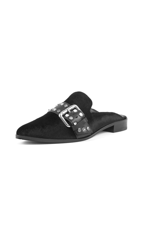 Elon Black Velvet Flats Mules Slides Pointed Toe Buckle Slip On (Black Velvet, 7)