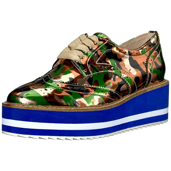 Shellys London Emory Rose Gold Camo Wingtip Platform Creeper Lace up Oxfords (Rose Gold Camo, 6)