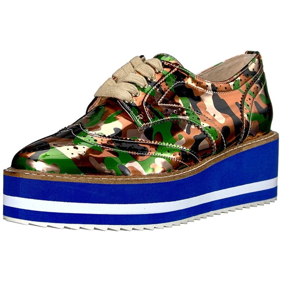 Shellys London Emory Rose Gold Camo Wingtip Platform Creeper Lace up Oxfords (Rose Gold Camo, 7)