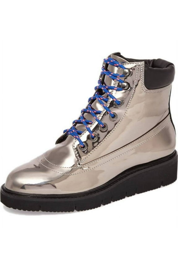 Erin Pewter Leather Multi Lace Up Chunky Platform Combat Boot (Silver, 8)