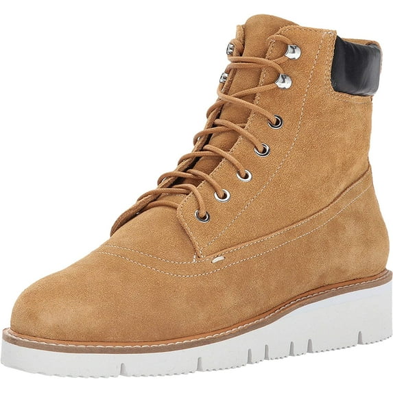 Shellys London Erin Tan Suede Lace Up Platform Wedge Combat Construction Boots (Tan, 8)
