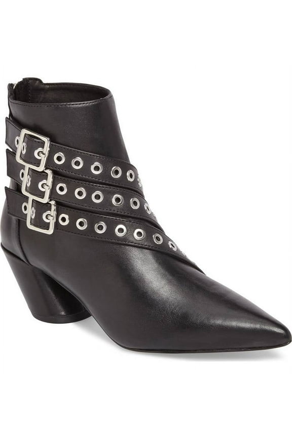 Frasier Black Leather Grommet Buckle Strap Angled Block Heel Boot (7)