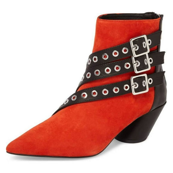 Shellys London Frasier Red Suede Grommet Buckle Strap Angled Block Heel Boots (Red, 7)