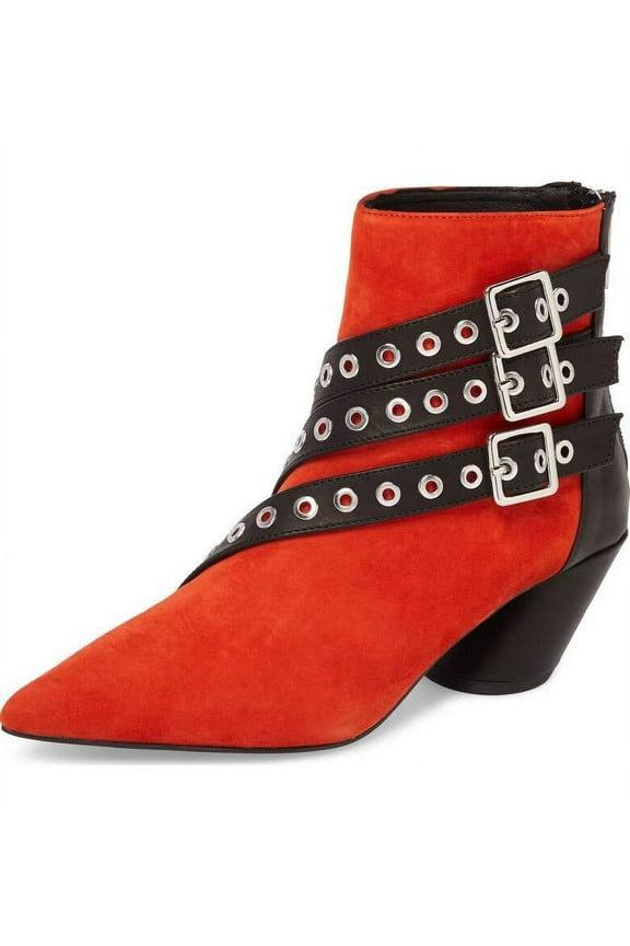 Frasier Red Suede Grommet Buckle Strap Angled Block Heel Boots (Red, 7)