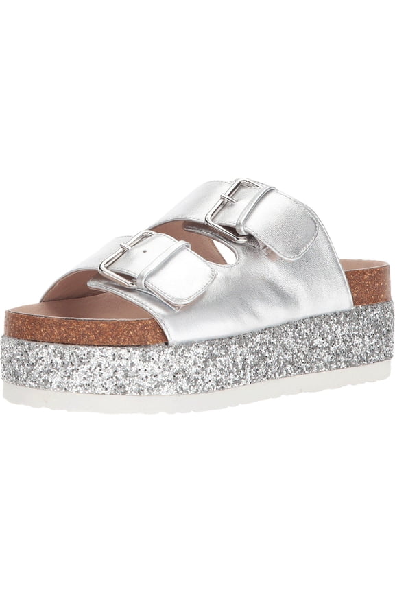 Hawaii Silver Metallic Leather Glitter Platform Slide Sandals (Silver, 9)
