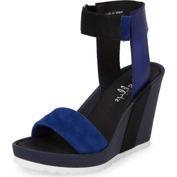 Shellys London Kayleigh Blue Multi Suede Ankle Strap Platform Retro Wedge Sandal (Blue Multi, 7.5)