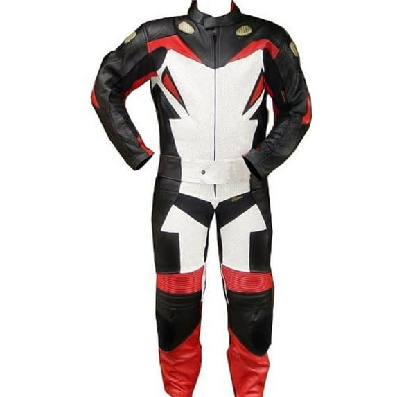 Shelter 335R-S Small Size Motorcycle Riding Racing Leather Track Suit with Padding New Red, White & Black - 2 Piece
