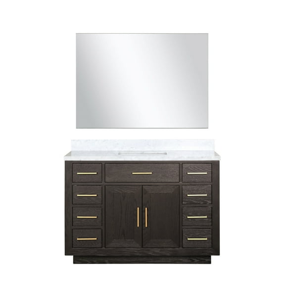 Shelter 48 in W x 22 in D Brown Oak Single Bath Vanity, Carrara Marble Top and 46 in Mirror