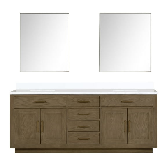Shelter 84 in W x 22 in D Grey Oak Double Bath Vanity, White Quartz Top and 36 in Mirrors