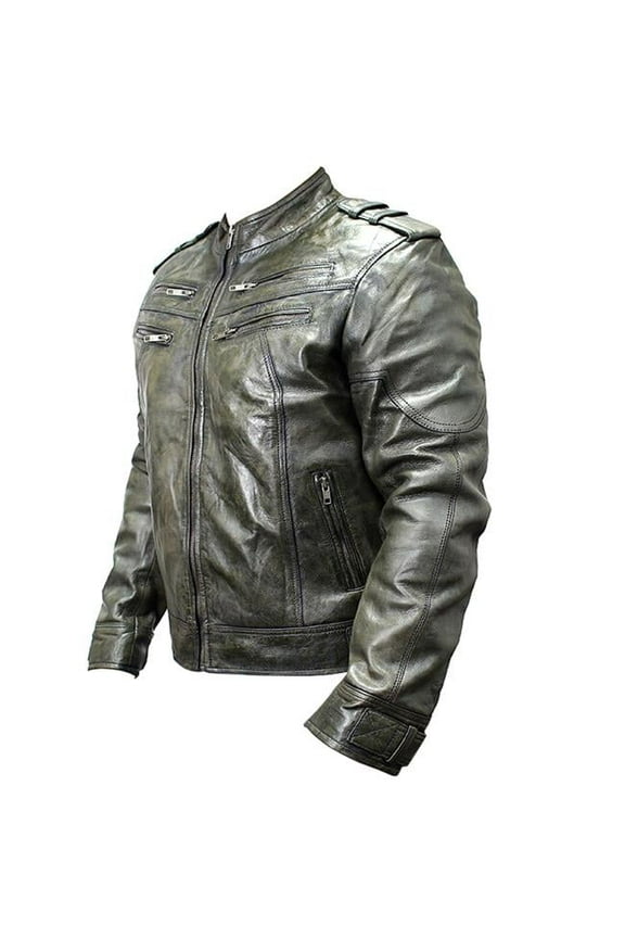 9634-M New Mens Genuine Sheep Skin Leather Fashion Jacket, 4 Zipped Chest Pocket, Green - Medium