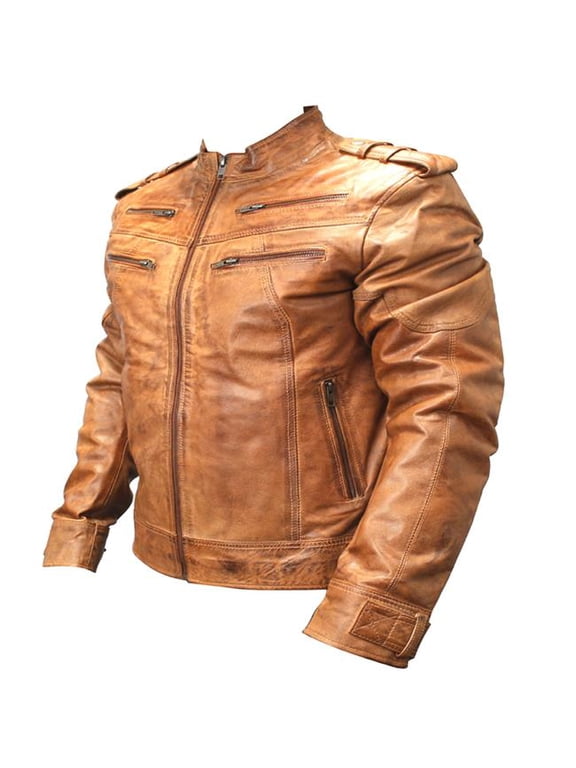 9635-L New Mens Genuine Sheep Skin Leather Fashion Jacket 4 Zipped chest Pocket, Brown - Lare