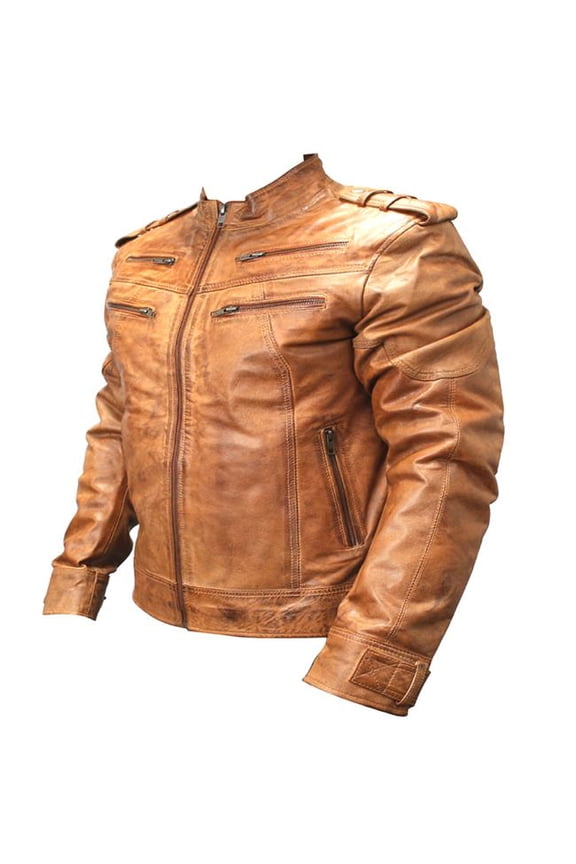 9635-S New Mens Genuine Sheep Skin Leather Fashion Jacket, 4 Zipped Chest Pocket, Brown - Small