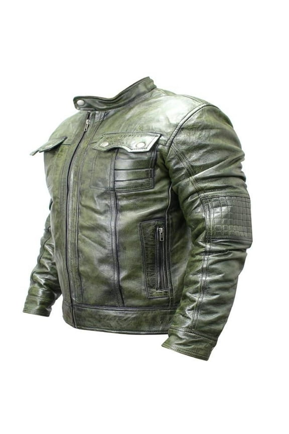 9636-L New Mens Genuine Sheep Skin Leather Fashion Jacket 2 buttoned chest Pocket, Green - Large