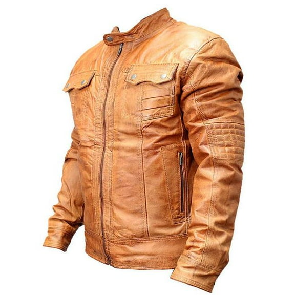 Shelter 9637-S New Mens Genuine Sheep Skin Leather Fashion Jacket 2 Buttoned Chest Pocket - Brown, Small