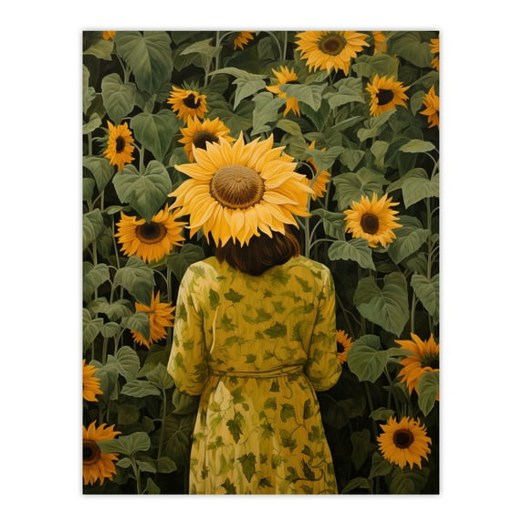 Shelter Of The Sunflowers Woman Hiding in Flower Field Yellow Green Oil Painting Unframed Wall Art Print Poster Home Decor Premium