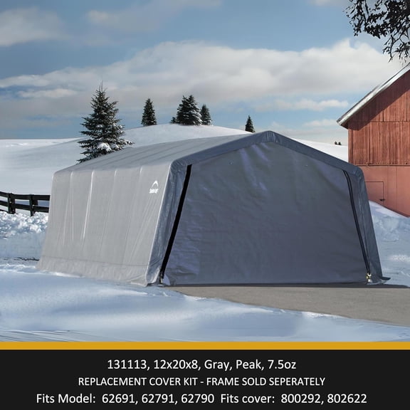 ShelterLogic Replacement Cover Kit Only No Frame-12x20x8 Peak Gray 131113 for ShelterLogic 12x20x8 Garage in-A-Box Models 62790,62675,62690,62677,62692, 62792 (7.5oz Gray)