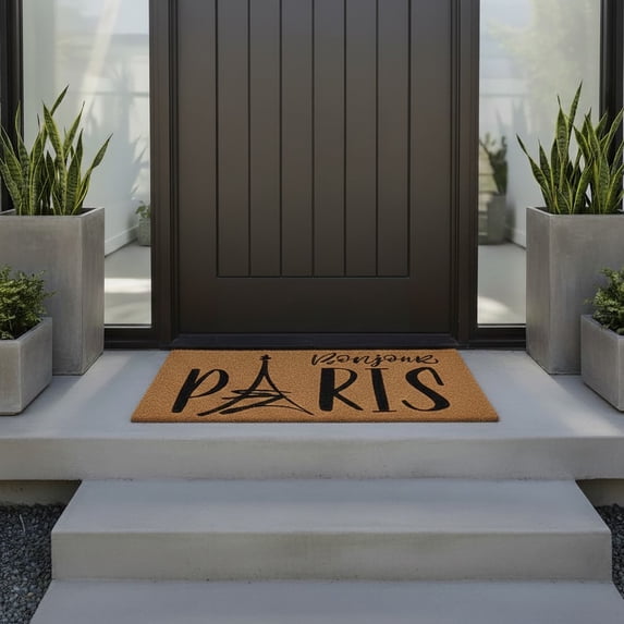 Sheltered Coconut Door Mat Printed Bonjour Paris 30x18 Natural