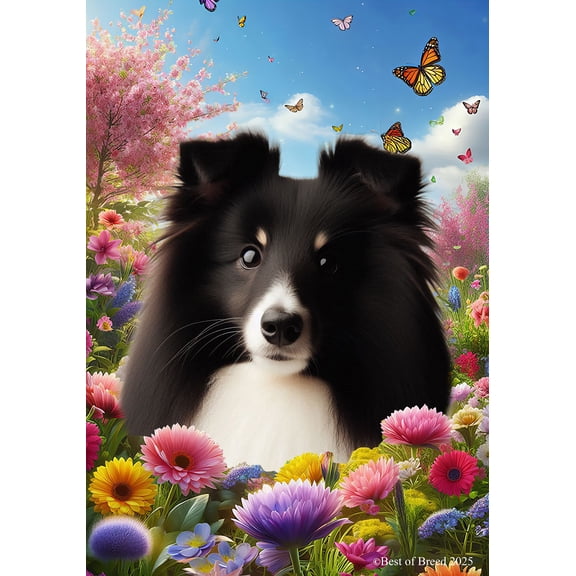 Sheltie Bi Black - Best of Breed Spring Butterfly Outdoor House Flag 28" x 40" Mailbox Flag