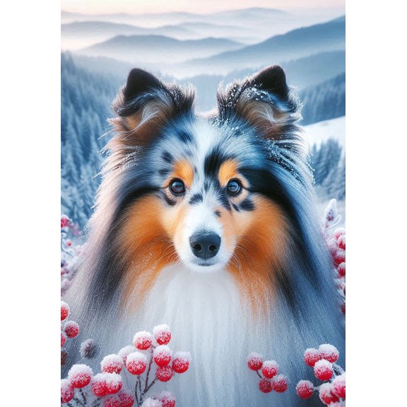 Sheltie Blue Merle - Best of Breed DCR Winter Berries Garden Flag 12" x 17"