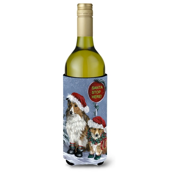 Sheltie Christmas Santa Stop Wine Bottle Hugger