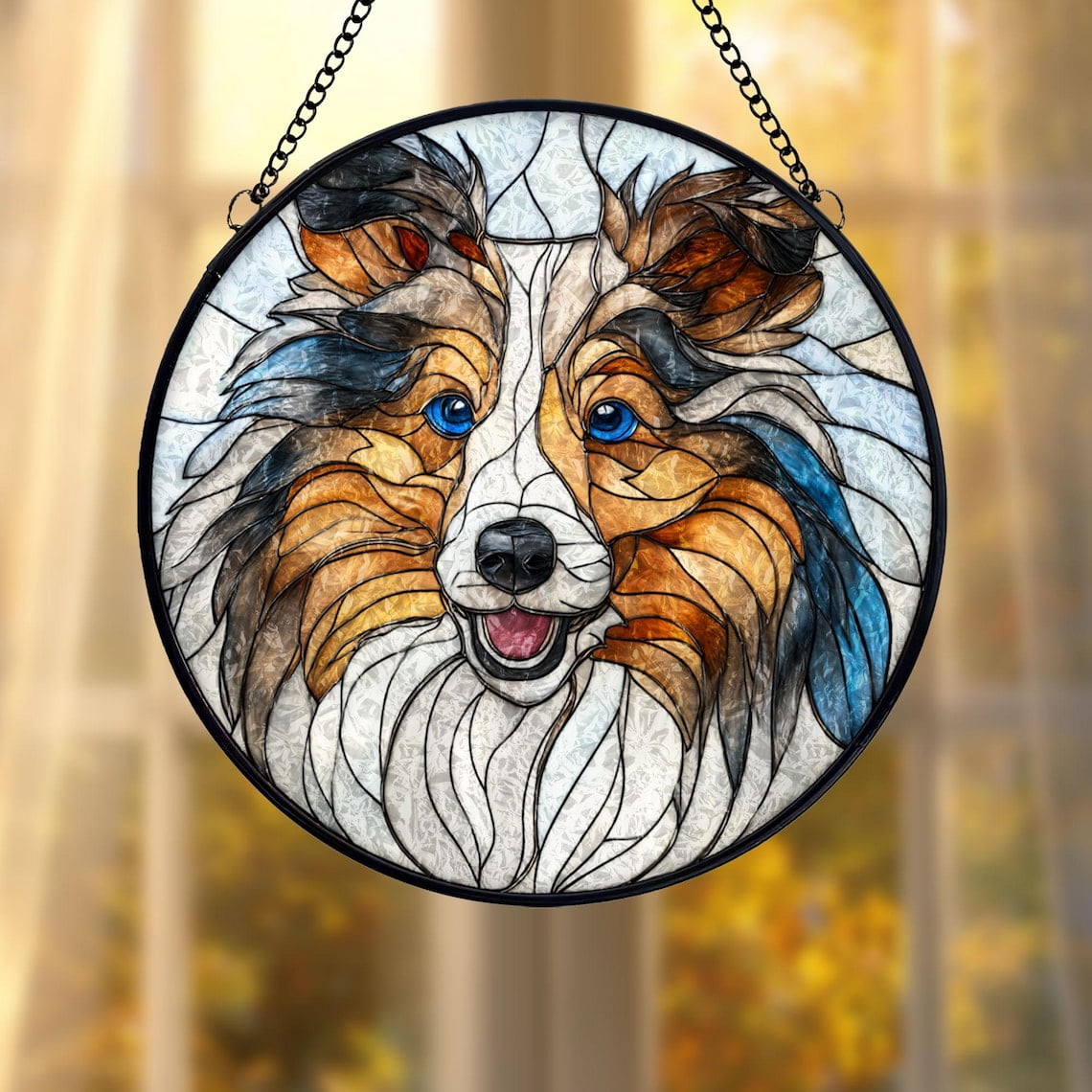 Sheltie Dog Glass Suncatcher, Blue Eyed Collie Window Art, Pet Memorial Animal, 3.5 in