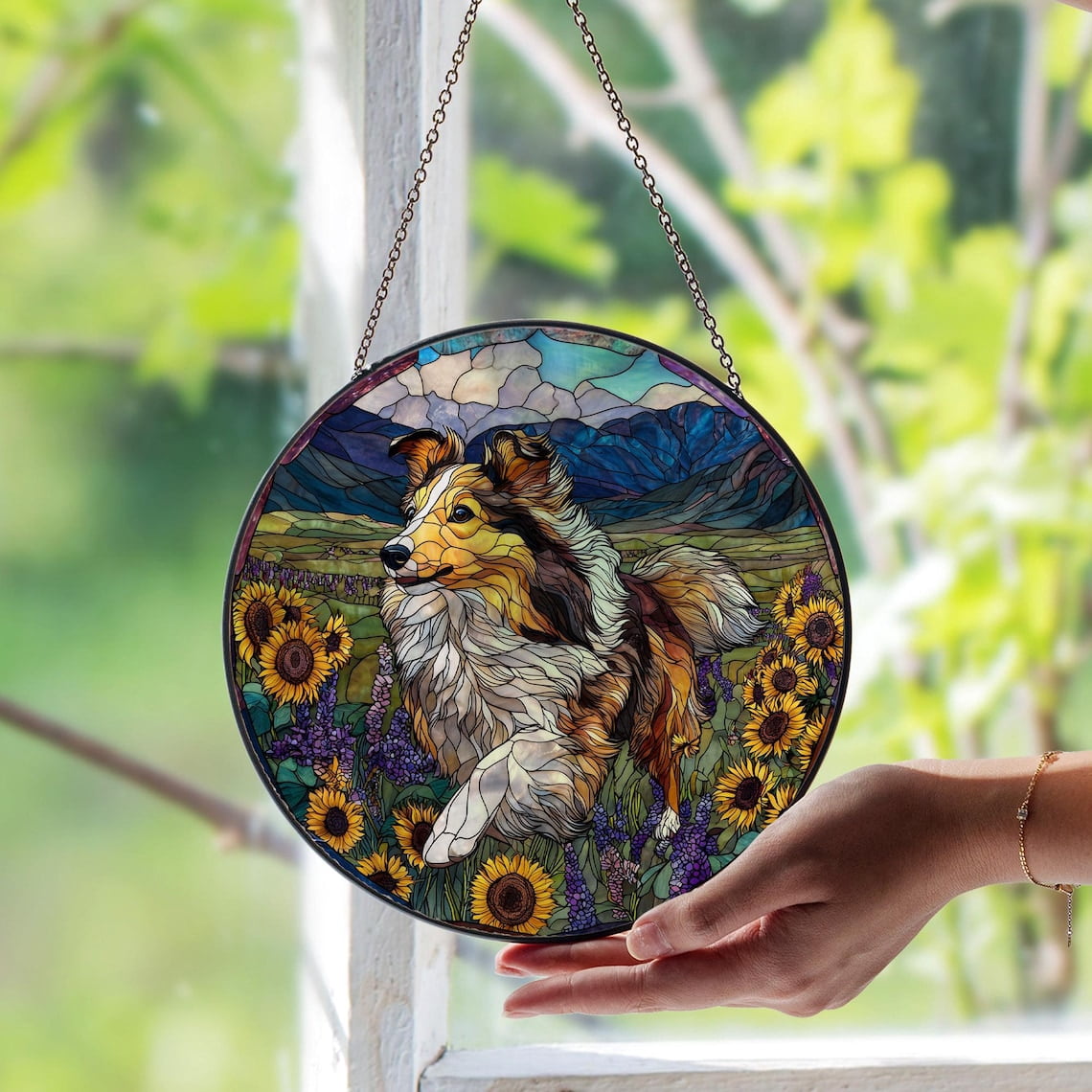 Sheltie Glass Suncatcher, Shetland Sheepdog Pet Decoration Art, 3.5 in