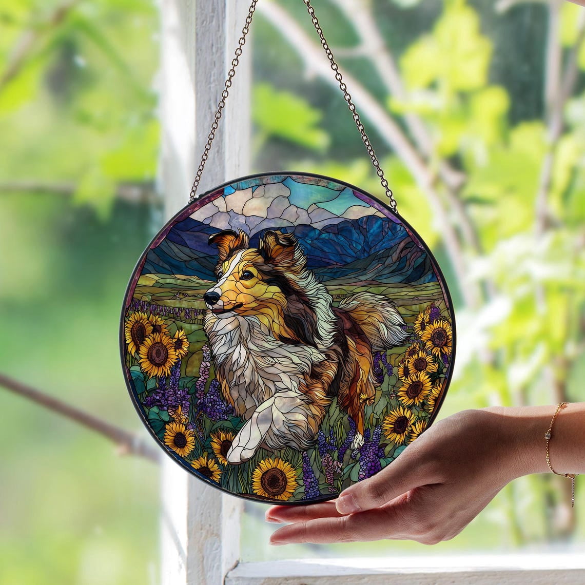 Sheltie Dog Glass Suncatcher, Shetland Sheepdog Pet Decor, Unique Animal, 6.3 in