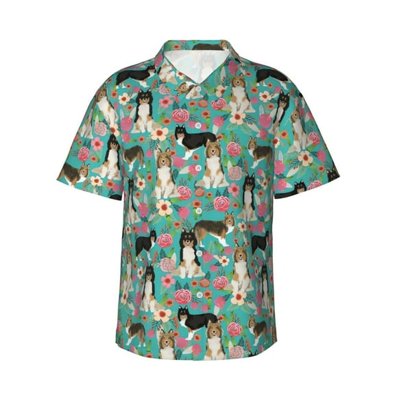 Sheltie Dog Green Flower Floral Men'S 3d Print Casual Button Down Shirts, Novelty Hawaiian Short Sleeves 3xl