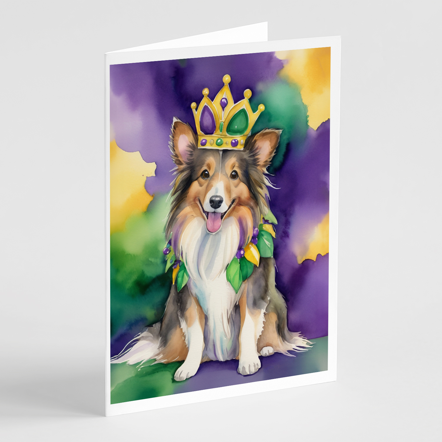 Sheltie King of Mardi Gras Greeting Cards Pack of 8 7 in x 5 in