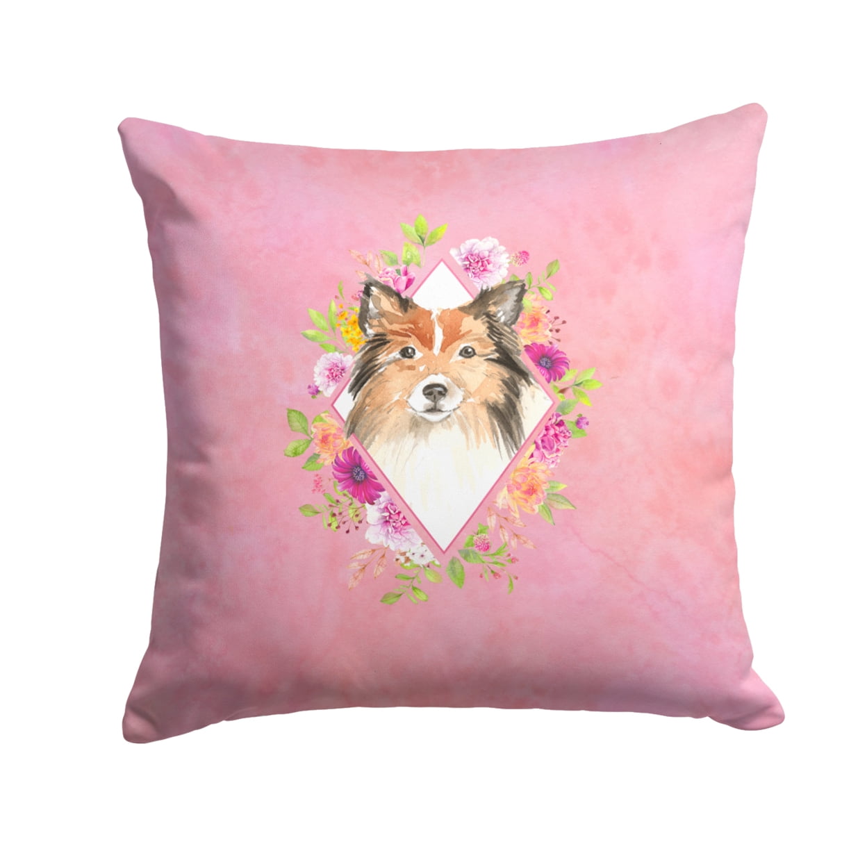 Sheltie Pink Flowers Fabric Decorative Pillow