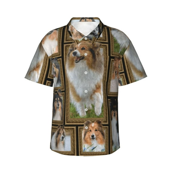 Sheltie Shetland Sheepdog Men'S 3d Print Casual Button Down Shirts, Novelty Hawaiian Short Sleeves L