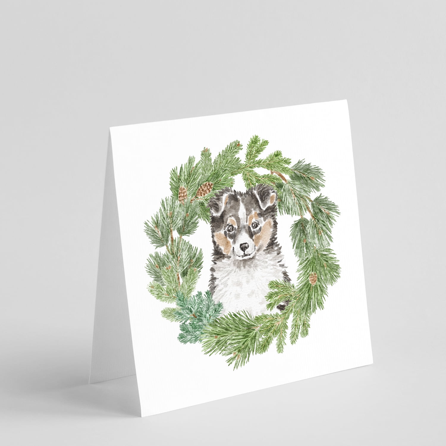 Sheltie/Shetland Sheepdog Puppy Tricolor with Christmas Wreath Square Greeting Cards and Envelopes Pack of 8 5 in x 5 in