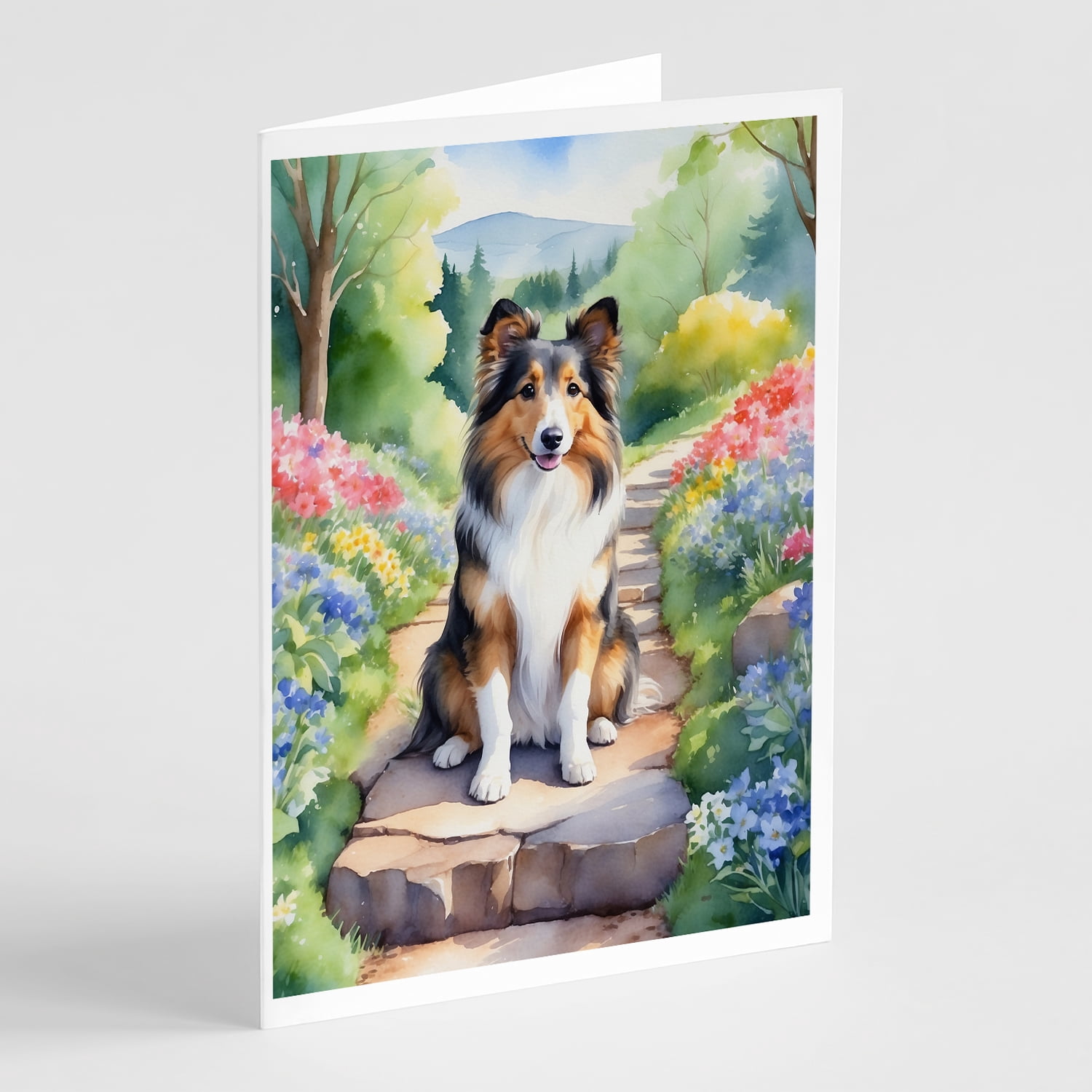 Sheltie Spring Path Greeting Cards Pack of 8 7 in x 5 in