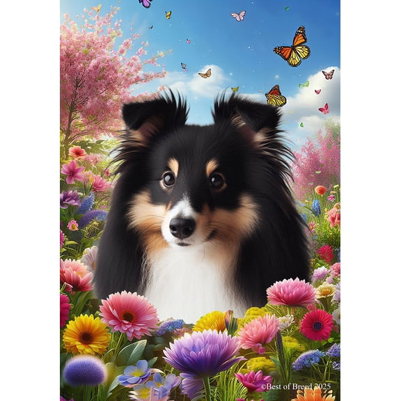 Sheltie Tri - Best of Breed Spring Butterfly Outdoor House Flag 28" x 40" Mailbox Flag