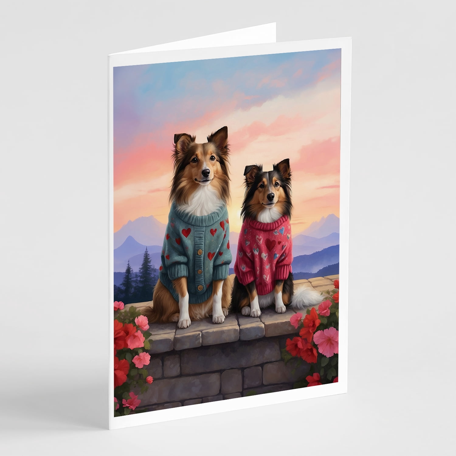 Sheltie Two Hearts Greeting Cards Pack of 8 7 in x 5 in