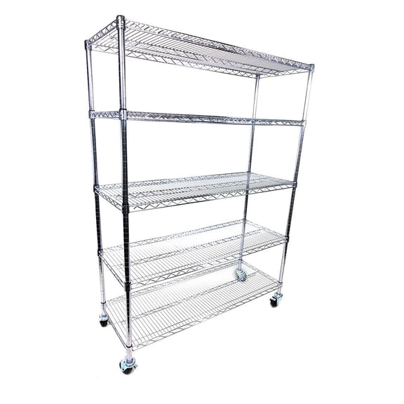 Shelving Inc. 12" d x 36" w x 68"h Chrome Wire Cart with 5 Tier Shelves, Weight Capacity 600lbs, Evenly Distributed
