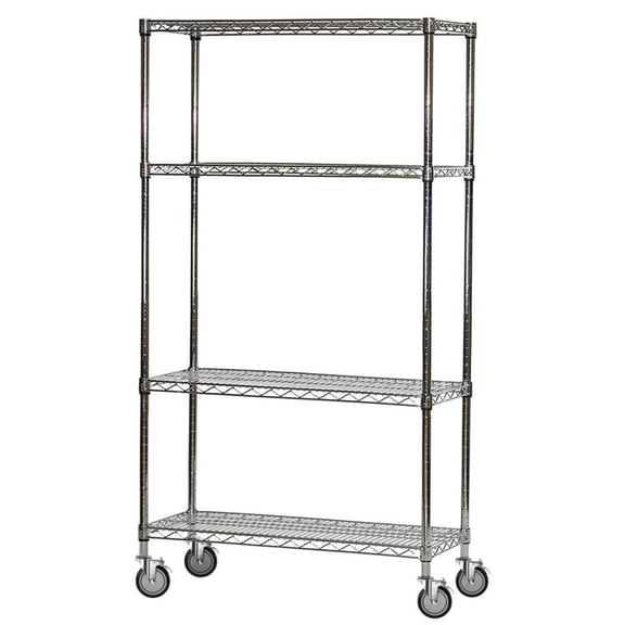 Shelving Inc. 14" d x 48" w x 60" h Chrome Wire Cart with 4 Tier Shelves, Weight Capacity 1,200lbs, Evenly Distributed