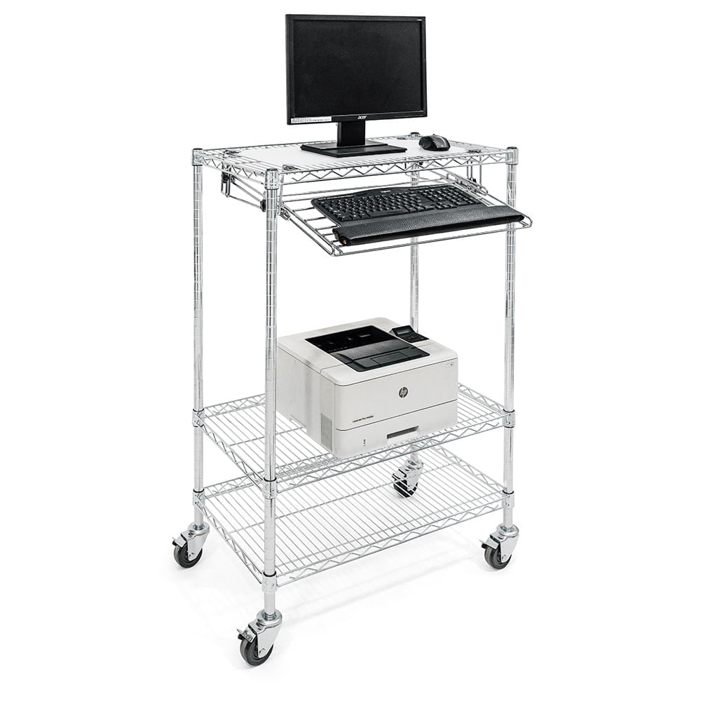 Chrome-Plated Steel Computer Cart with Keyboard Tray and Shelves