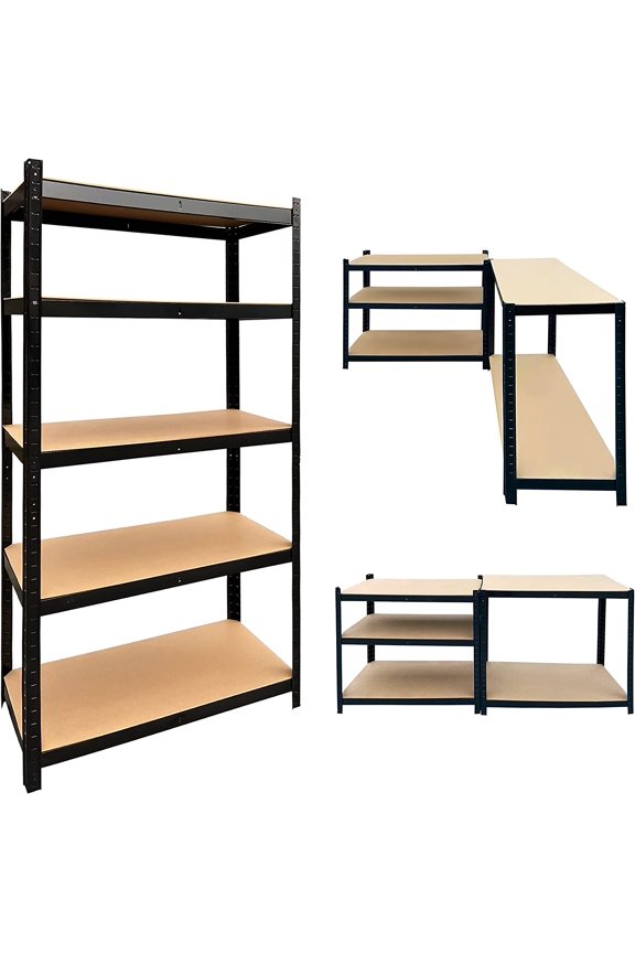 Shelving Metal Storage Rack Adjustable 5-Shelf Heavy Duty Storage Shelving Unit - Metal Steel & MDF Boards, Multipurpose Shelf Boltless Rack for Garage, Pantry Closet, Workshop (150x70x30 cm, Black)