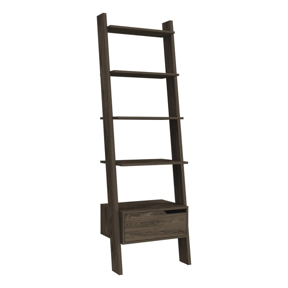 Shelving Units, Oslo Ladder Bookcase, Four Legs, One Drawer, Five Open Shelves -Dark Walnut, Brown Display Shelves,Particle Board Metal Shelving Units