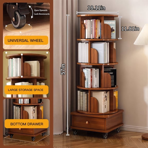 Shelving Units, Rotating Bookshelf with Drawer, 360 Display 5 Tier Corner Bookshelf for Small Space, Floor Standing Bookcase Storage Rack, Wood Narrow Organizer for Bedroom, Living Room (WALNUT)