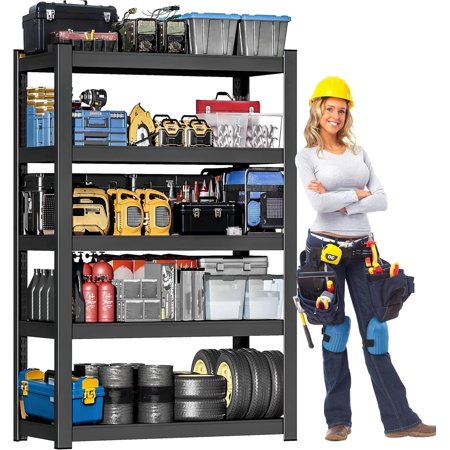 Shelving Units and Storage, 3000LBS Garage Storage Shelves, 5 Tier Shelving Unit, Steel Industrial Shelving, Adjustable Standing Shelf for Garage, Home, Warehouse 72" H x 36" W x 16" D, Black