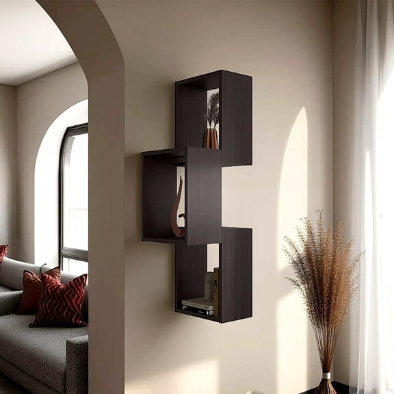 Shelving Units, Wenge Wall-Mounted Geometric Shelf Unit, Wenge Display Shelves,Particle Board Metal Shelving Units, Furniture Primary Living Space Display, Shelving & Etageres
