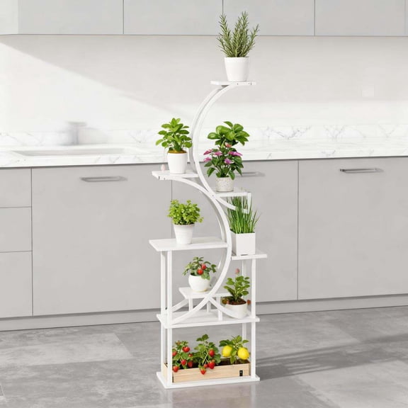 Shelving Units, White S-Shaped Plant Stand, 8 Tier Plant Shelf, Corner Plant Rack for Multiple Plants, White Display Shelves,Steel,Wood Metal Shelving Units